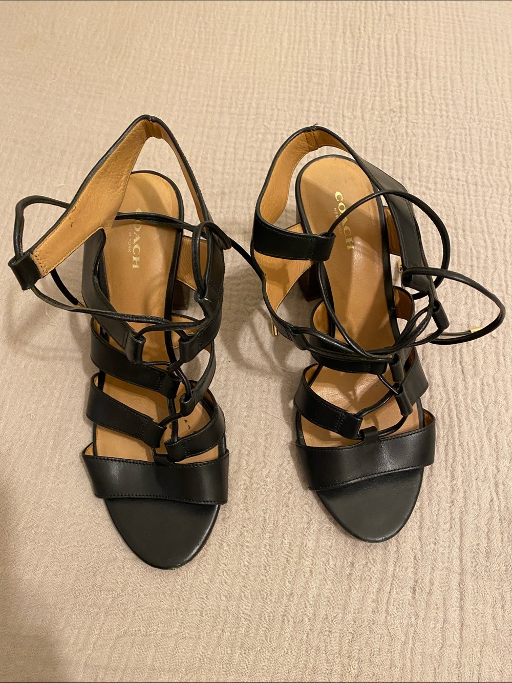 Coach Black Leather Lace-Up Strappy Heels. Size 8.5